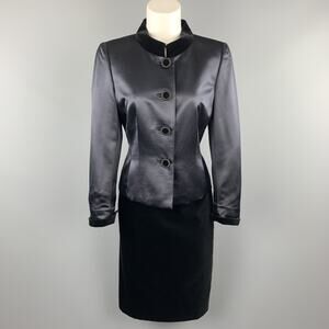 AKRIS Size 8 Navy Wool Satin & Black Velvet Skirt Suit